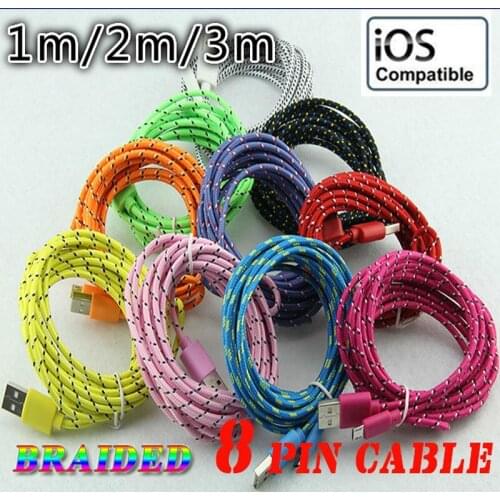 200pcs/lot For Iphone X 8 7 6 5 Round Fabric Braided Nylon Cable 8pin 8 pin USB Data Sync Woven Charger Cords for IOS 1m/2m/3m