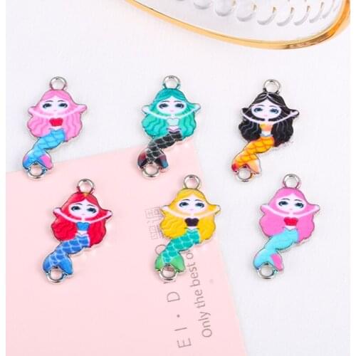 Silver Plated Enamel Colorful Mermaid Charm Connectors for Jewelry Making Bracelet Necklace Craft DIY Accessories 23x12mm 6pcs