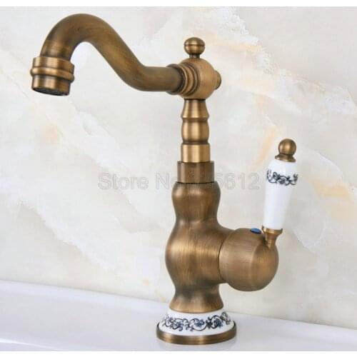 Antique Brass Swivel Spout Bathroom Faucet Wash Basin Sink Faucets Deck Mount Single Handle Cold & Hot Water Mixer Tap Wnf509