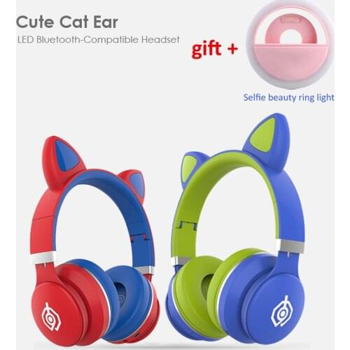 Colorful Cat Ear Headset +Selfie Ring Light Wireless Bluetooth Kids Headphones Cute Earphones for Daughters Girls Gift with Mic