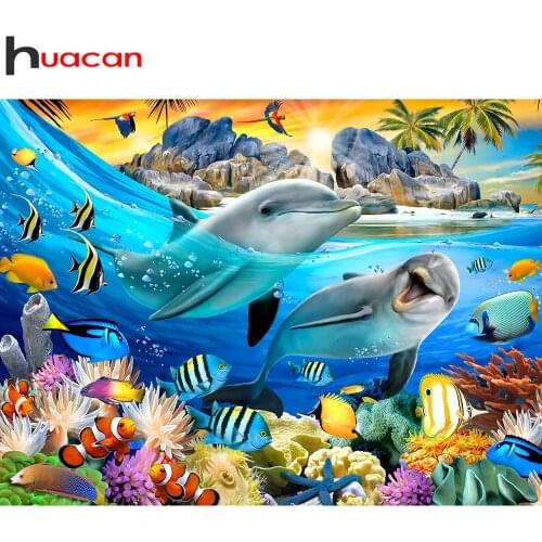 Huacan Diamond Art Painting Dolphin Home Decor Full Square/round Diamond Embroidery Sea Fish Scenery Wall Sticker
