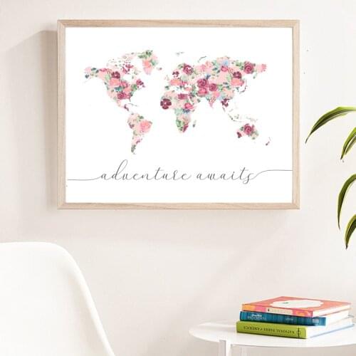 World Map Pink Floral Print Adventure Awaits Quote Nursery Decor Travel Wall Art Canvas Painting Baby Girls Gift Kids Room Decor