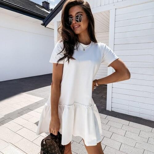 Summer Short-Sleeve Ruffled Womens Dress Pure Color Casual Loose Round Neck Mini Dress Comfortable And Breathable Casual Women