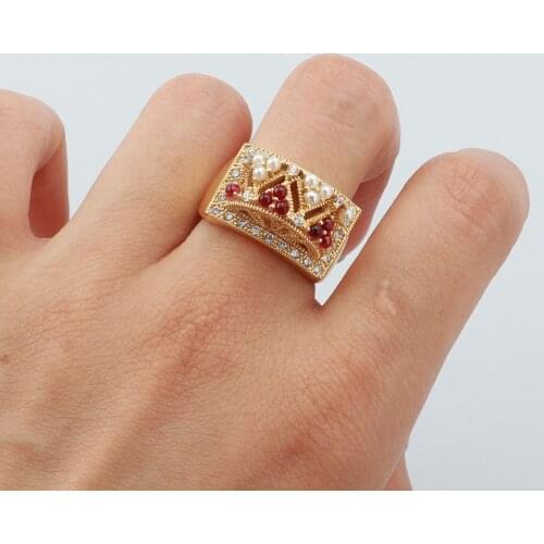 New Luxury Double Deck Finger Rings Square Hollow Exaggeration Golden Jewelry Inlay Zircon Pearl Fashion Ring For Women Wedding