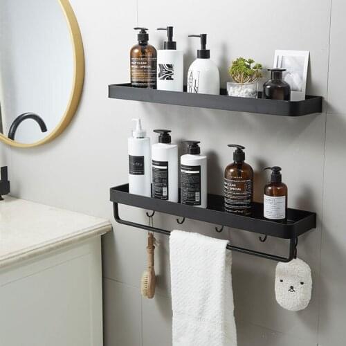 Bathroom towel rack space aluminum shelf black shelf with hook shampoo rack kitchen shelf coat hook bathroom pendant