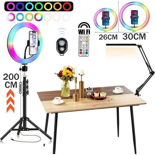 Self RGB Ring Light Photography Led Lamp With Desk Long Arm Mobile Holder Support Tripod Stand Ringlight For Live Video Lighting