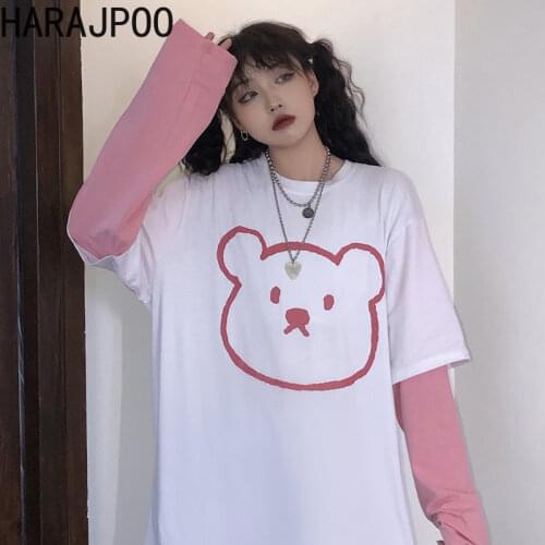 Harajpoo Women T-Shirts Students Spring New Korean Style Cartoon Bear Print Fake Two-piece Splicing Loose Ins Long-sleeved Top