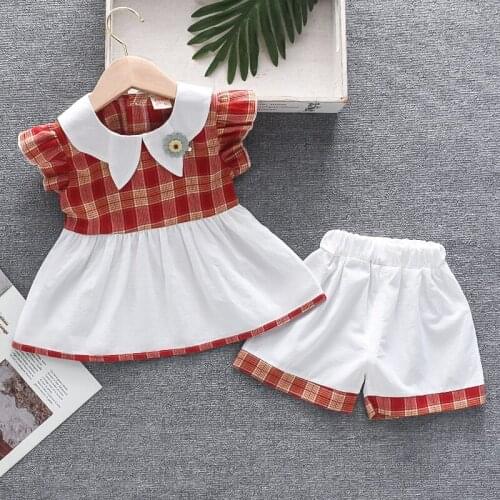 0-4 Years Summer Toddler Girls Lovely Sweet Clothing Set Kids 2021 New Casual Fashion Plaid T-shirt+ Shorts Baby Clothing Suits