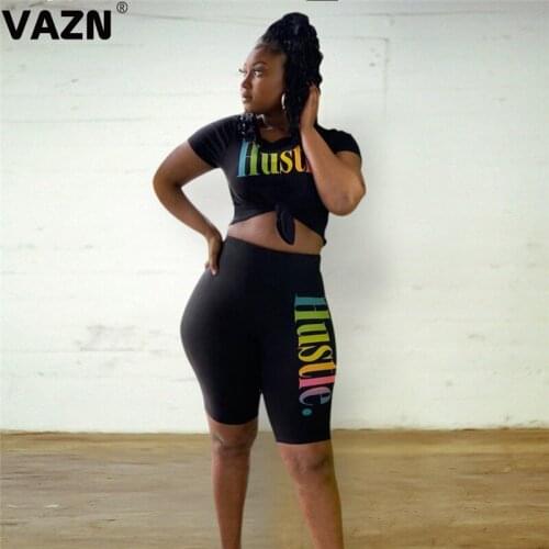 VAZN 2020 Summer Hot Classic Black Casual Young Free Soft Short Sleeve Group Knee Length Regular Tracksuits Women 2 Piece Set