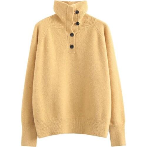 Sense High Neck Button Sweater Womens Autumn Winter 2021 New Solid Color Fresh Loose Knit Sweater Top Turtleneck For Women