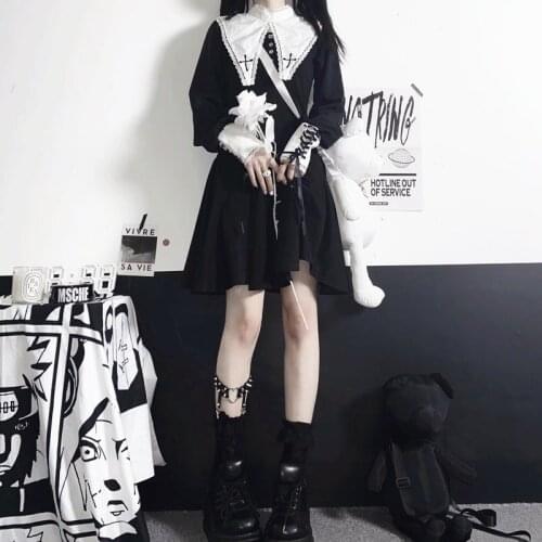 HOUZHOU Gothic Dress Women Black Lace Patchwork Mini Dresses Bandage Goth Dark Halloween Club Streetwear Spring Autumn Outfits