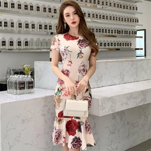 Hot Sales 2021 Summer Women O Neck Package Hip Mermaid Dresses High End One Step Vestidos Flower Printed Elegant Bodycon Dress