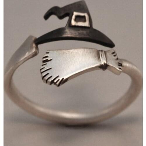 Halloween Ghost Witch Hat Broom Opening Ring Halloween Party Jewelry Gift Womens Accessories Gothic Punk Hip Hop Ring
