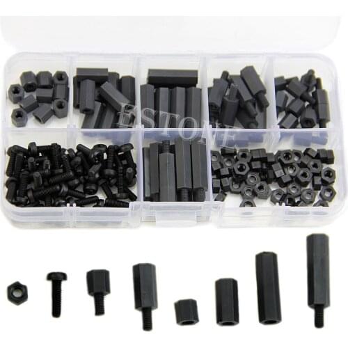 160Pcs M3 Nylon Black M-F Hex Spacers Screw Nut Assortment Kit Stand off Set L4MB