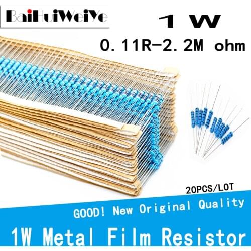 20PCS/LOT 1W 0.1R-1M 1% 1W Metal Film Resistor 2.2R 4.7R 10R 22R 47R 100R 220R 470R 1K 10K 100K 2.2 4.7 10 22 47 100 220 470 ohm