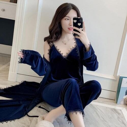 3 pcs gold velvet pajamas for women Hallow sexy robe sleepwear warm winter pajamas set V-neck sling home clothes nightwear