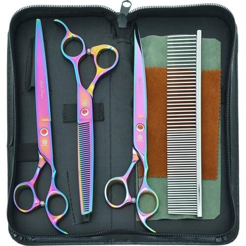 8" Purple Dragon Dogs Grooming Scissors Pets Straight Curved Cutting Tijeras Groomer 7.5" Thinning Shear Animals Trimmers B0051B