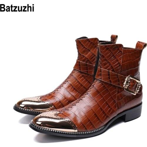 Batzuzhi Handsome Winter Boots Men Rome Brown Genuine Leather Men Boots Short Metal Tip Cowboy Motorcycle Ankle Boots Cool, US12