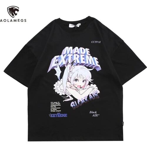Aolamegs T Shirt Men Cartoon Anime Manga Girl Printed Men‘s Tee Shirts Summer Loose Cozy Japanese Harajuku Couple Streetwear men