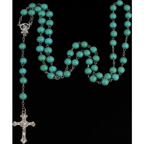 Catholic Six-Color Beads Rosary Pendant Necklace Alloy Cross Virgin Mary Center Catholic Christian Religious Jewelry