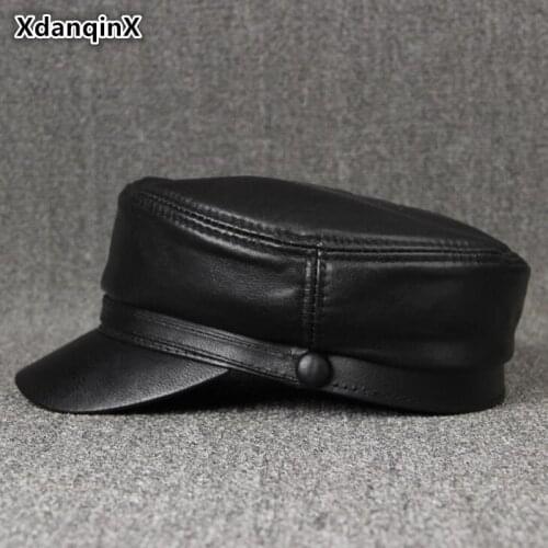 XdanqinX Womens Genuine Leather Cap Simple Elegant Sheepskin Military Hats For Women Autumn Winter Mens Brand Visor Hat Unisex