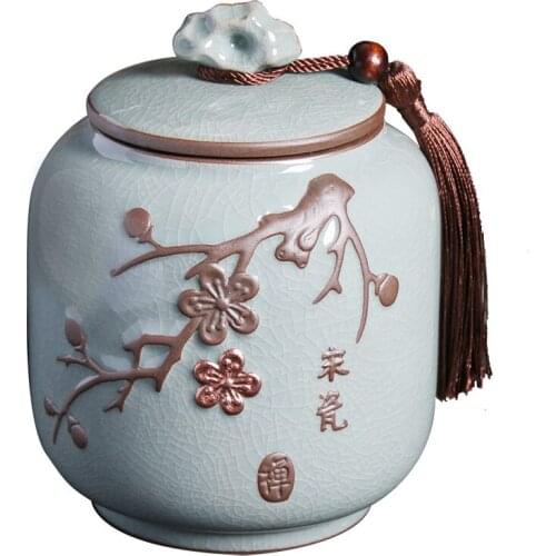Geyao Tea Caddy Ceramic Relief Canister Household Sealed Can Tea Storage Tank Retro Large Pu'er Tea Box Tea Accessories