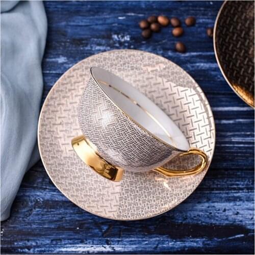 European Style Delicate Plaid Bone China Coffee Cup Saucer British Black Color Drinkware Ceramic Silver Afternoon Teacup + Dish