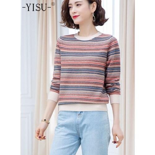 YISU 2021 New Spring Women Sweater O-Neck Long sleeve Spring tops Female Stripe Casual Jumper Loose All-match Knitted pullover