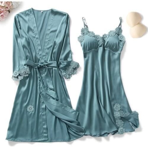 Sleepwear Women Silk Lace Robe Dress Babydoll Sleepwear Nightdress Pajamas Set faux Silk Nightgown Dress robe sets