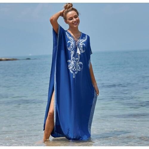 Dubai Luxurious Kaftan Embroidered Front V-neck Lace Up Maxi Dress Navy Blue Loose Plus Size Floor Length Resortwear Summer Gown