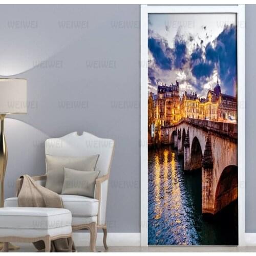 2Pcs/set PVC Self-adhesive 3D Removable Door Sticker England Canal Bridge HD Wallpaper Living Room Door Decor Decals Wall Sticke