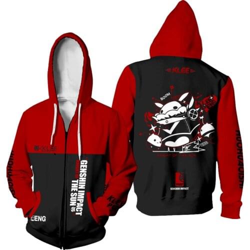 Anime Sports Hooded Sweater Game Genshin Impact Cosplay Costumes Project Klee Bomb Print Zipper Jacket Halloween Adult Clothes