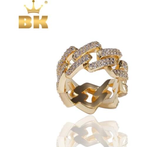 THE BLING KING Fashion Hiphop Mens 14mm Prong Cuban Link Rings 2 Rows Iced Out Cubic Zirconia Gold Color Bling Ring Jewelry