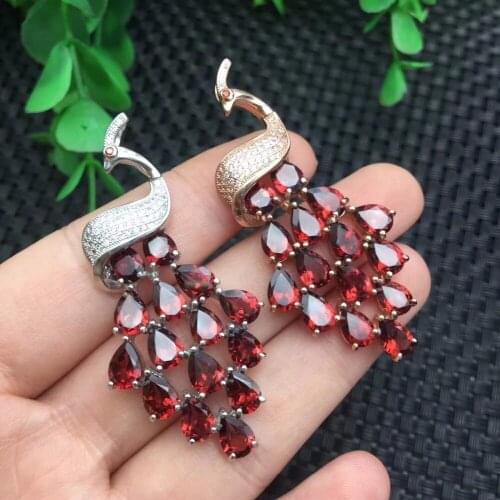 Uloveido Tested Garnet Peacock Pendant Necklace Women, 925 Sterling Silver Wedding Jewelry, 3*5mm Velvet Box Certificate FR155