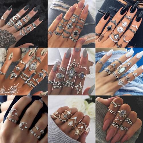 Wukalo 15 Pcs/set Bohemian Retro Crystal Flower Leaves Hollow Lotus Gem Silver Color Ring Set Women Wedding Anniversary Gift