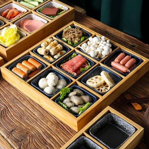 Japanese cuisine side dishes nine square ceramic bowl snack plate separated grid bamboo tray fruit platter dessert plate