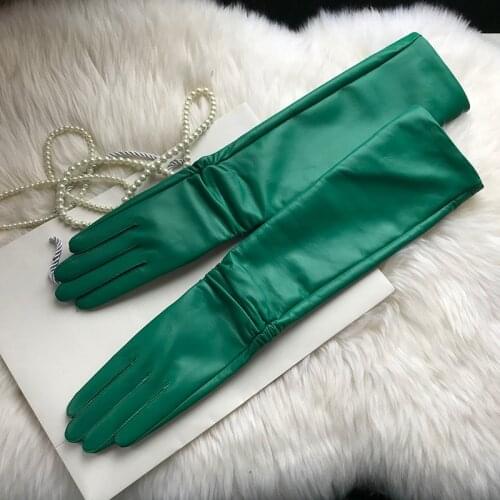 Female Long Genuine Leather Gloves,100% Sheepskin Womens Long Gloves,Green Winter Long Real Leather Gloves Cold protection