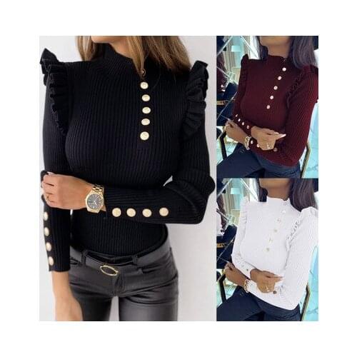 Ladies Elegant Solid Color Sweaters Single-breasted Desige Ruffles Decor Red wine O-Neck Long Sleeve Warm Slim Pullovers Tops