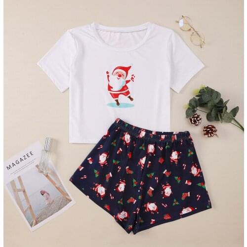 Women’s 2 Piece Christmas Outfits Cute Santa Claus print Short Sleeve Crew Neck T-Shirt + Shorts Set Loungewear Casual Home