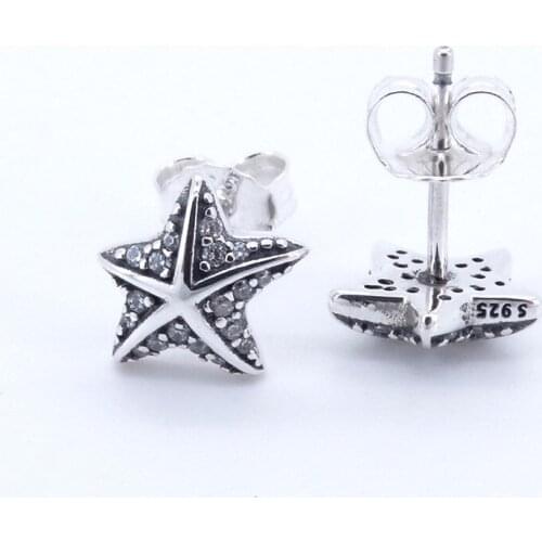 Tropical Starfish Stud Earrings Summer 925 Sterling Silver Earrings for Women Charm Jewelry Clear CZ Crystal Girls Earrings