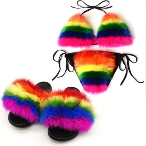 Summer Fashion Raccoon Fur Slippers Womens Real Fox Fur Bra and Underpants Sets Female EVA Fur Slides Mixed-color Rainbow Shoes