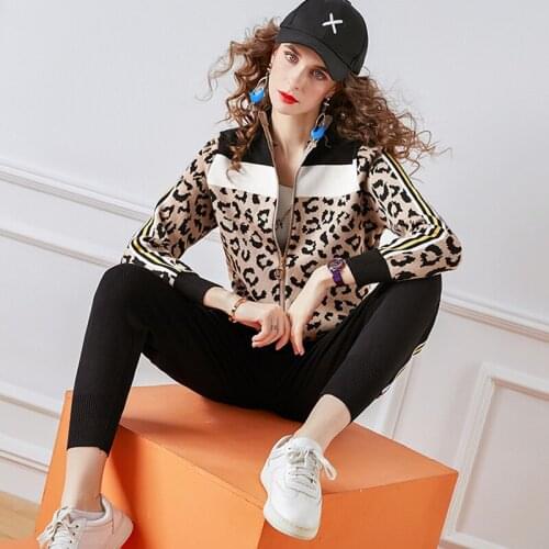 2 Pieces Set Women Knitted Leopard Printe Zipper Cardigans Sweater + Harem Pants Pullover CHIC Outwear Tracksuits Outfits