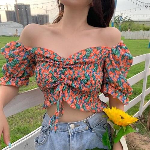 2021 Summer Women Short Sleeve Off Shoulder Floral Print Drawstring Crop Top T-shirt Blouse Sweet Style