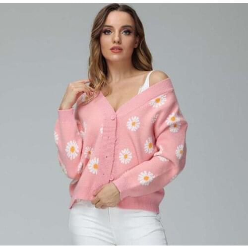 2021 Autumn Winter Flower Cardigan Women Knitted V Neck Sweater Cardigans Female Loose Print Button up Cardigan for Women