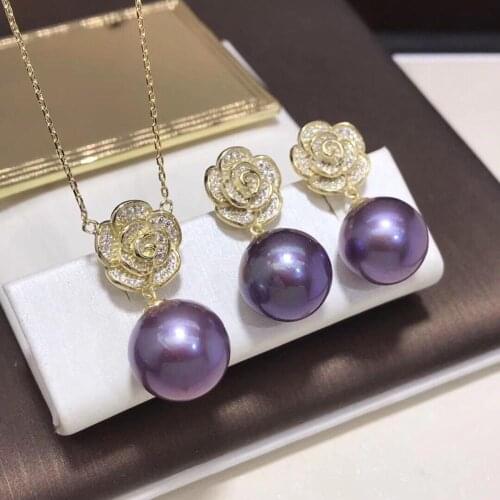 D517 Pearls Sets Pure 925 Sterling Silver Nature 9-13mm Fresh Water Purple Pearls Females Jewelry Sets for Women Fine Presents