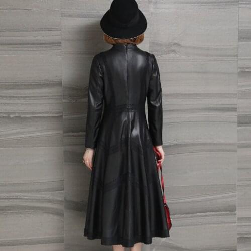 Fashion Women Party Mid Calf Long Dress Coat Lace Stand Collar Slim Fit Sheepskin Genuine Leather Jacket Ladies Outwear Overcoat