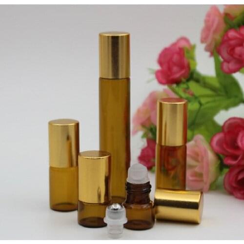 10ML brown glass bottle steel roll one gold lid for eye cream, perfume,essential oil packing roll on bottle