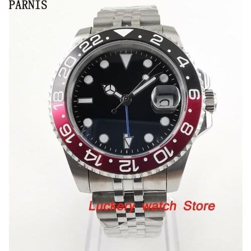 40mm Parnis Black and red Bezel black dial blue GMT hands luminous marks sapphire glass automatic Mens Watch-PA68