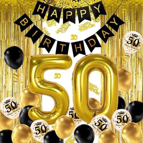 50th Black Gold Birthday Party Decoration, Happy Birthday Banner, Helium Number Balloon 50 XXL, 2 Gold Fringe Curtain, Latex Con