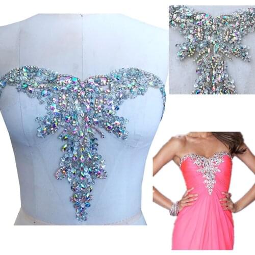 Handmade rhinestones applique sew on clear AB colour crystal trim patches for dress neckline